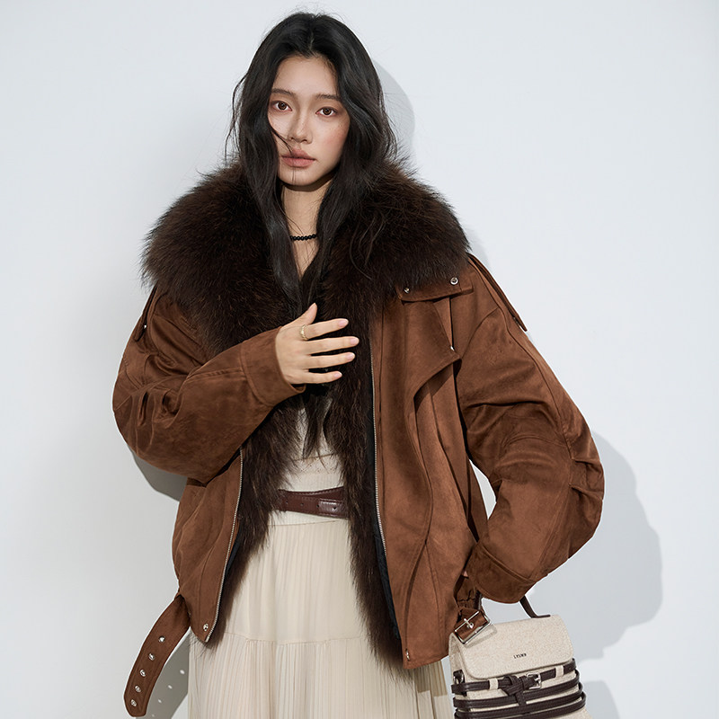 笑玫复古棕狐狸毛领派克服羽绒服