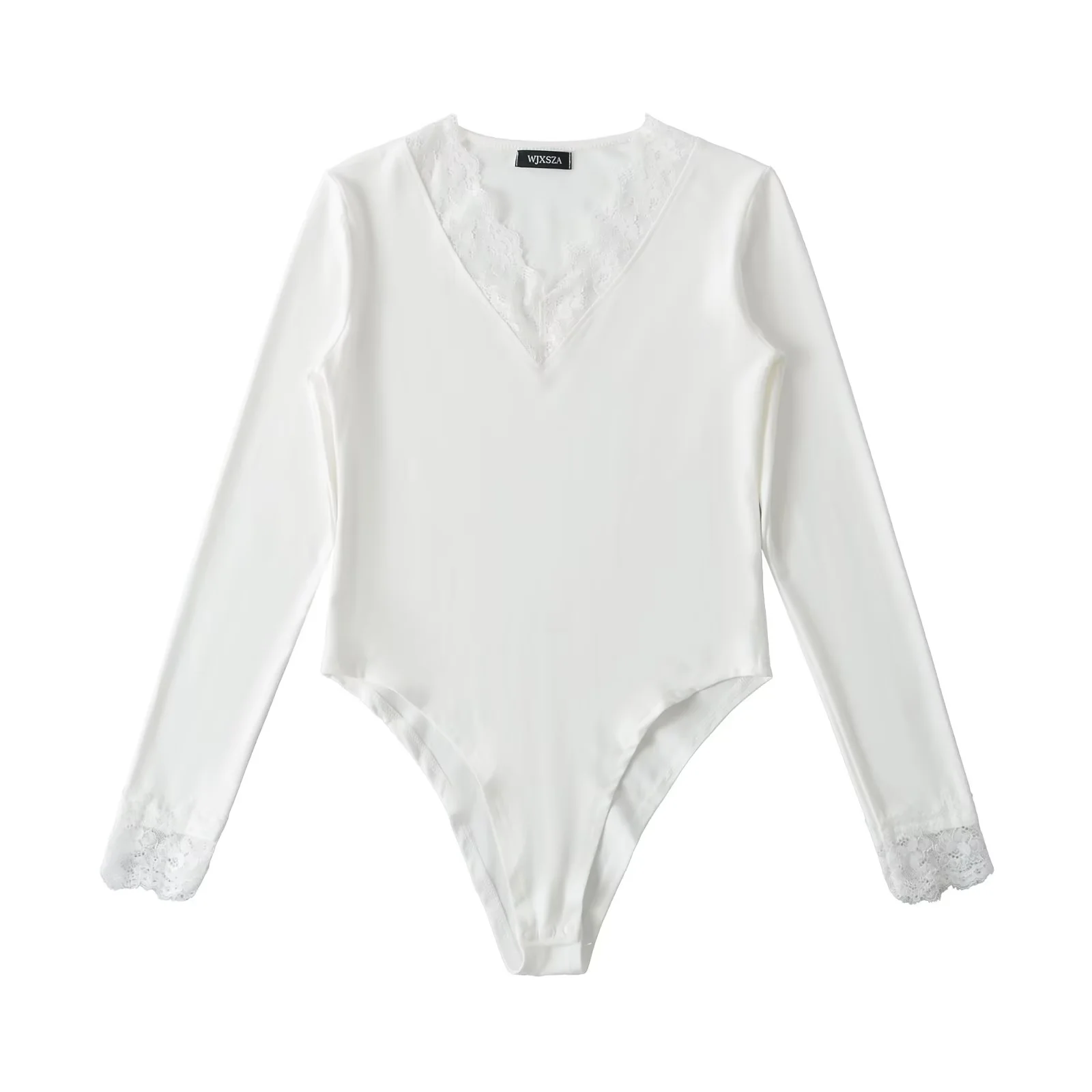 欧美性感蕾丝边V领长袖连体衣女