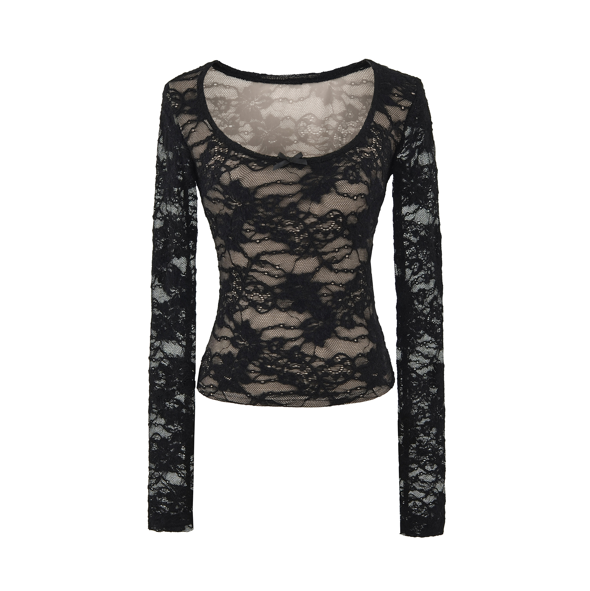 双层浮雕大U领蕾丝长袖T恤女