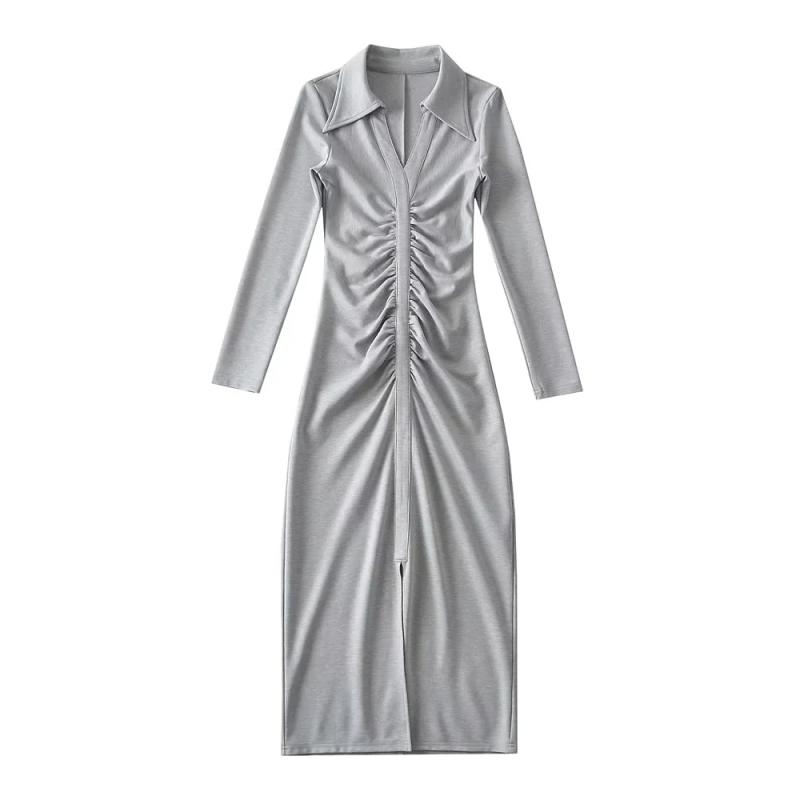 欧美秋季包臀辣妹POLO褶皱V领设计修身显瘦中长款过膝长袖连衣裙