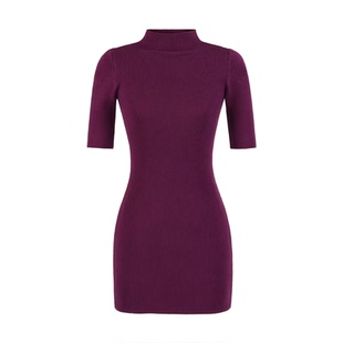 包邮欧美修身显瘦性感包臀半高领中袖针织连衣裙女弹力收腰打底裙