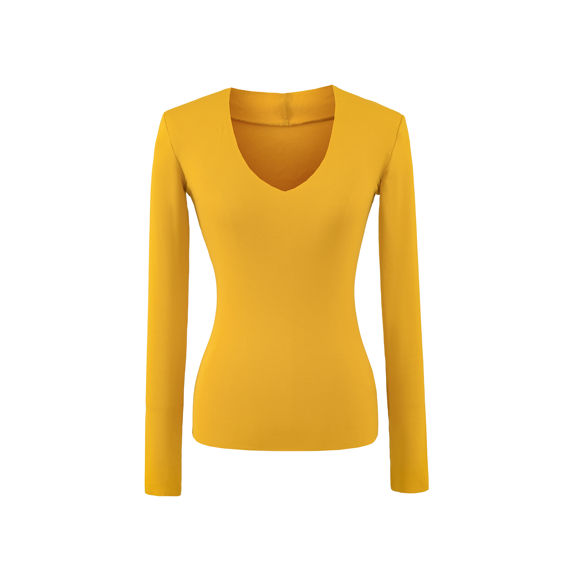 极简风弹力收腰磨毛V领长袖T恤女