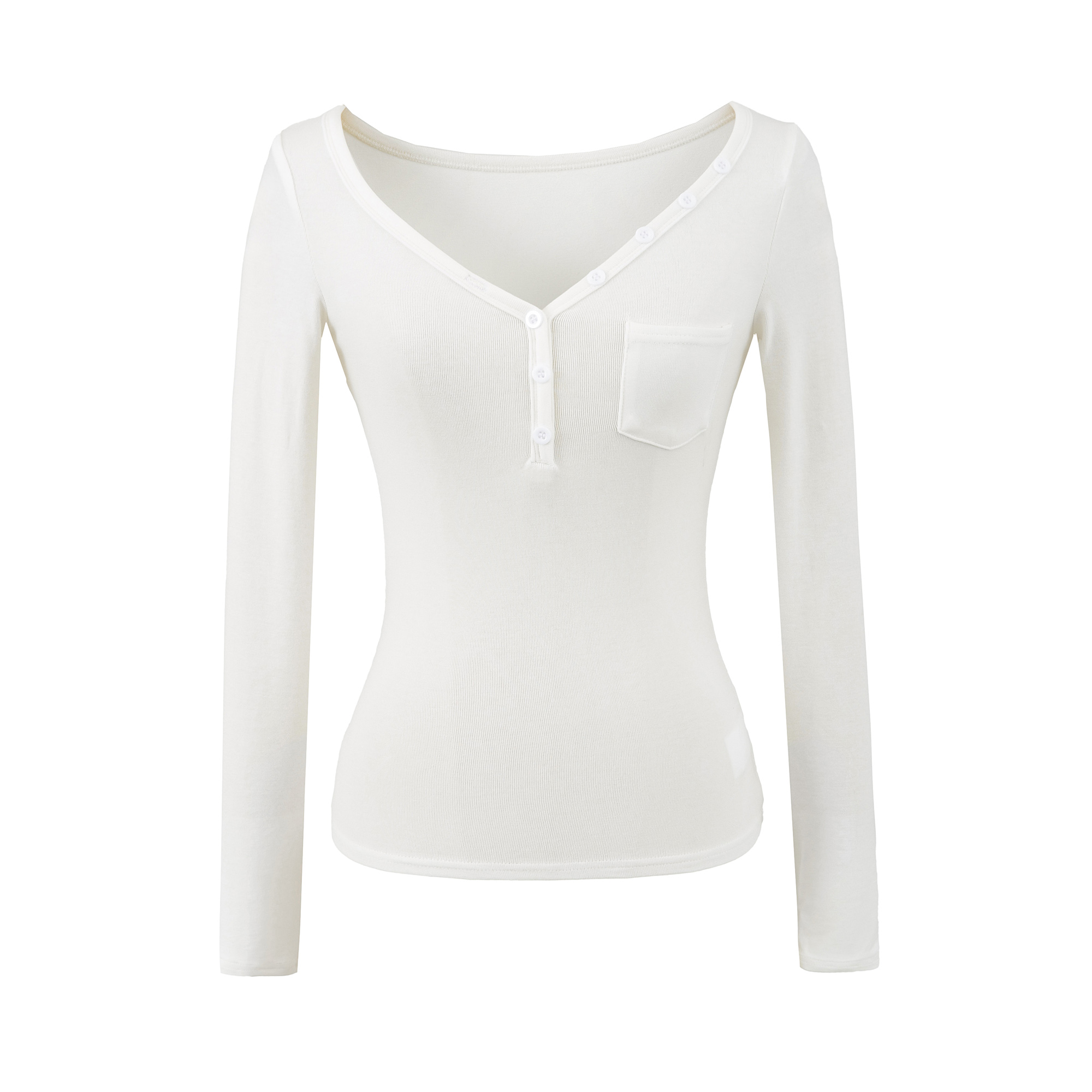 复古修身显瘦纽扣大V领长袖T恤女