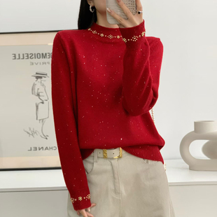 高级感亮片钉珠毛衣女秋冬时尚洋气亮丝半高领针织打底衫百搭上衣