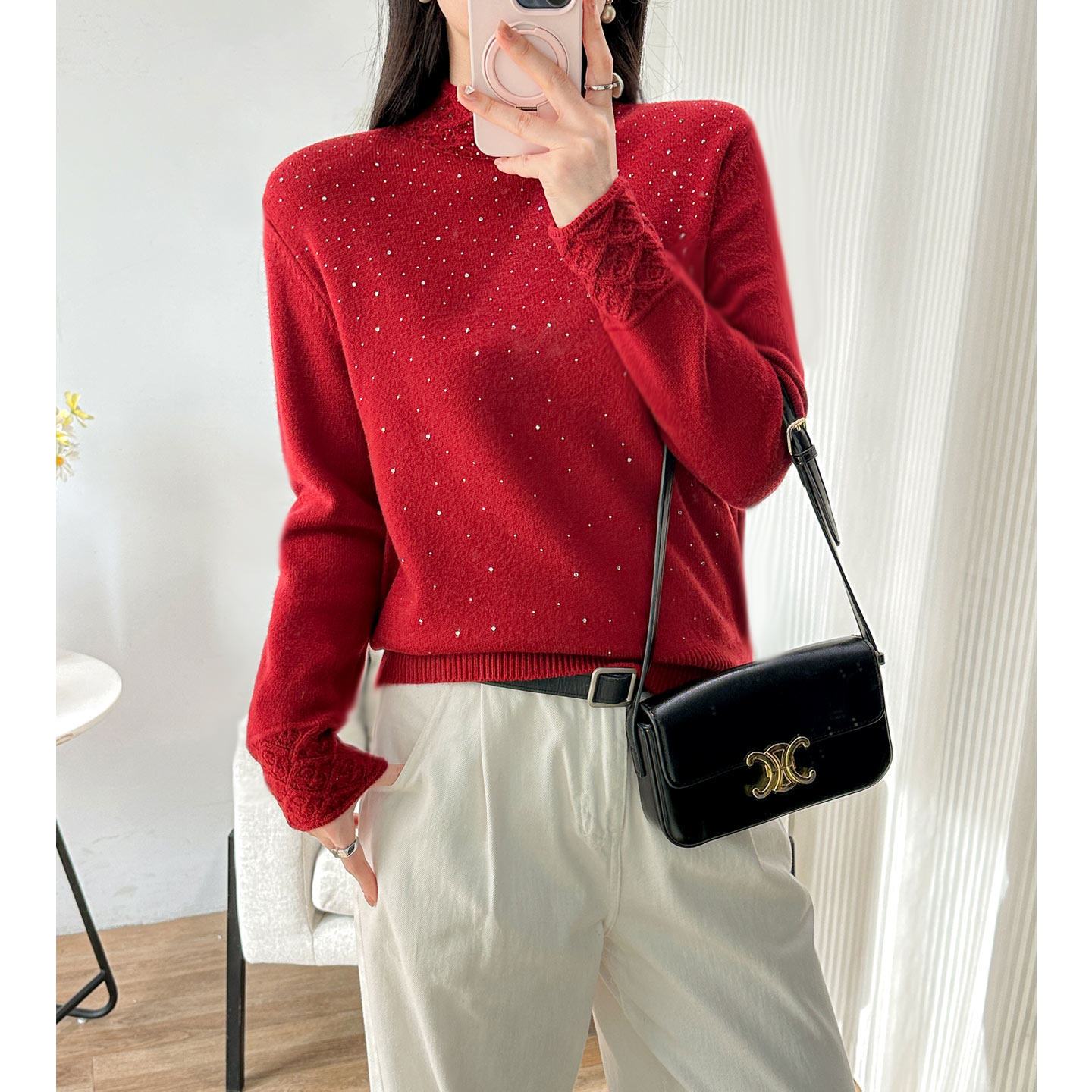 烫钻钩花半高领毛衣女冬季新款时尚百搭高级感气质显瘦针织打底衫,女装/女士精品,毛衣,淘宝优惠券,粉丝福利购,淘宝优惠卷