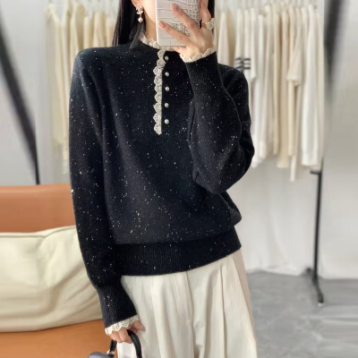 亮片蕾丝半高领打底毛衣女秋冬