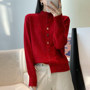 红色花边半高领针织开衫女2026新年款时尚百搭高级感亮片毛衣外套