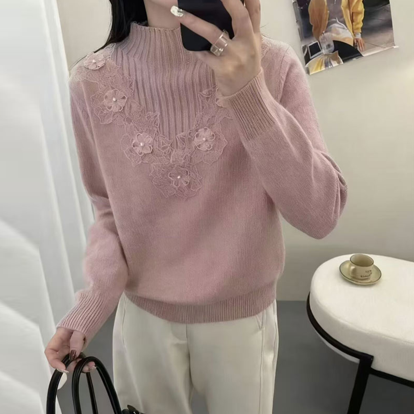 蕾丝花朵半高领毛衣女2025冬季