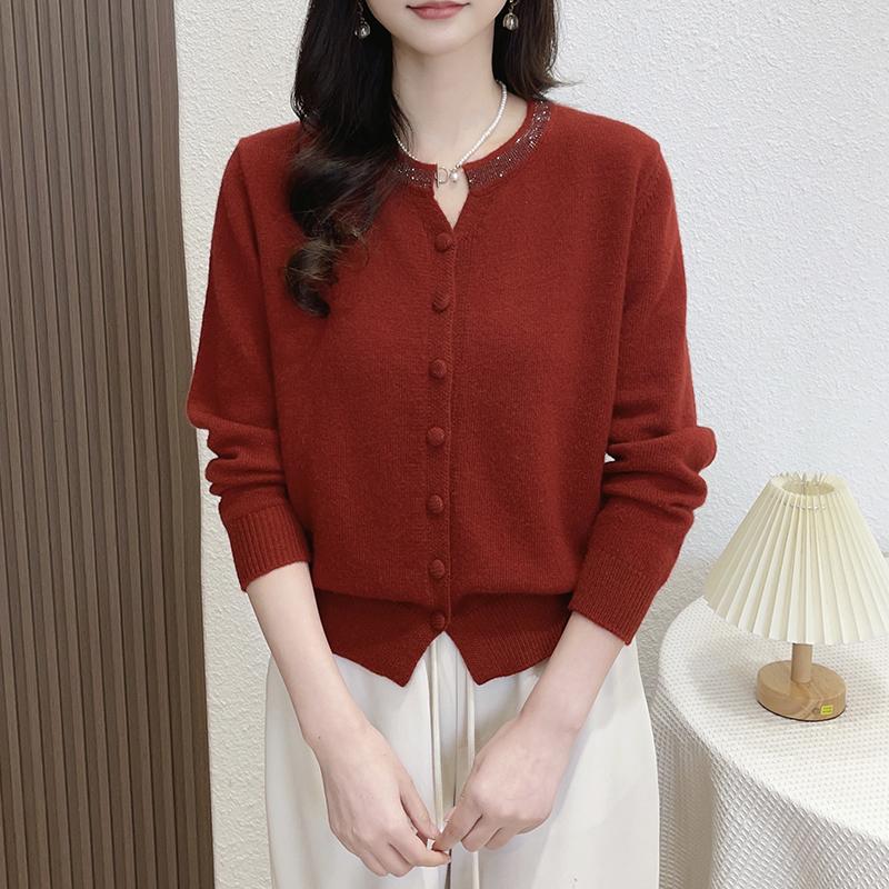 高级感镶钻圆领针织开衫女春外套