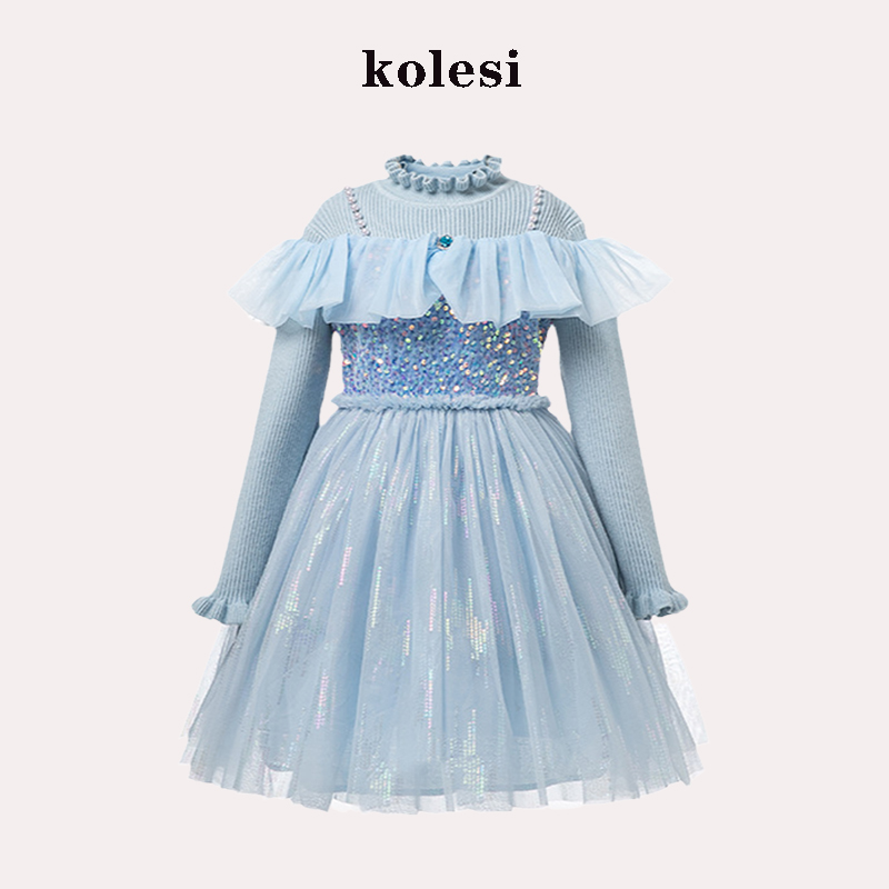 女童公主裙秋冬灰姑娘纱裙爱沙毛衣裙子冰雪奇缘艾莎连衣裙子儿童