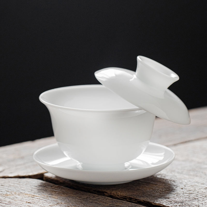 冰种玉瓷三才盖碗可悬停羊脂玉单个泡茶碗杯薄胎高档白瓷功夫茶具