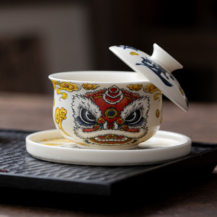 国潮醒狮布袋悬停旋转三才盖碗茶杯单个高档泡茶碗陶瓷壶承功夫具