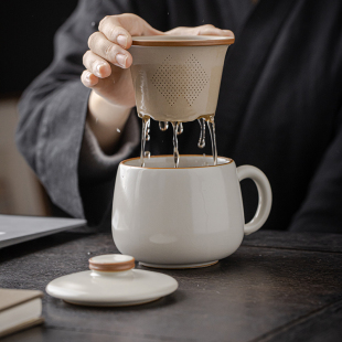 米黄汝窑茶杯办公杯茶水分离水杯大容量泡茶陶瓷杯子喝茶开片茶具