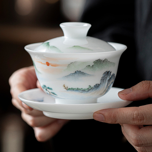 德化手绘山水冰种玉瓷三才盖碗单个高档家用泡茶碗喝茶杯功夫茶具