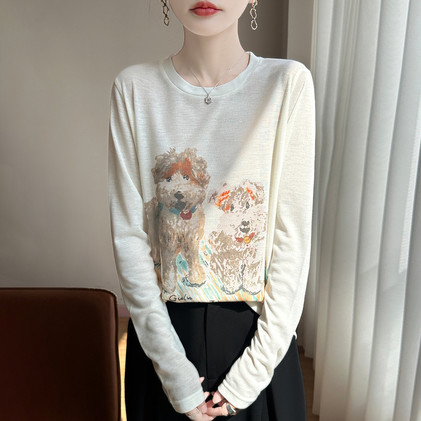 【丽丽姐专享】卡通小狗印花长袖针织衫女士圆领宽松百搭薄款上衣