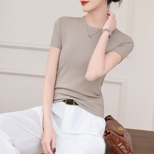 【丽丽姐专享】螺纹圆领短袖T恤女修身百搭时尚纯色时尚气质上衣
