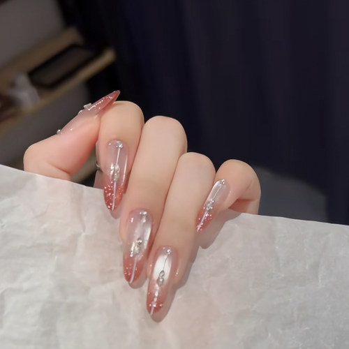 新款手工穿戴美甲长杏仁渐变猫眼