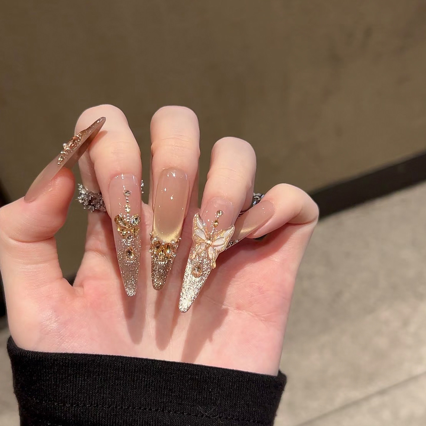 新款手工黑色法式穿戴美甲香槟闪钻猫眼长款可拆卸假指甲成品婚甲