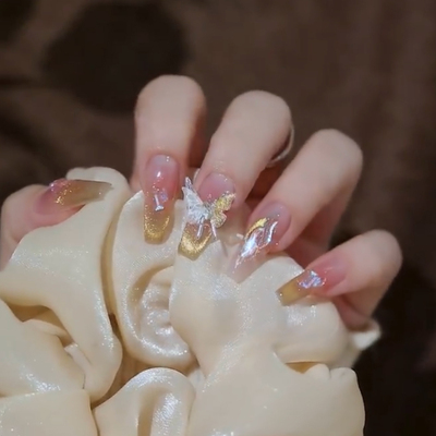 橘指大方穿戴甲手工闪钻猫眼梯形