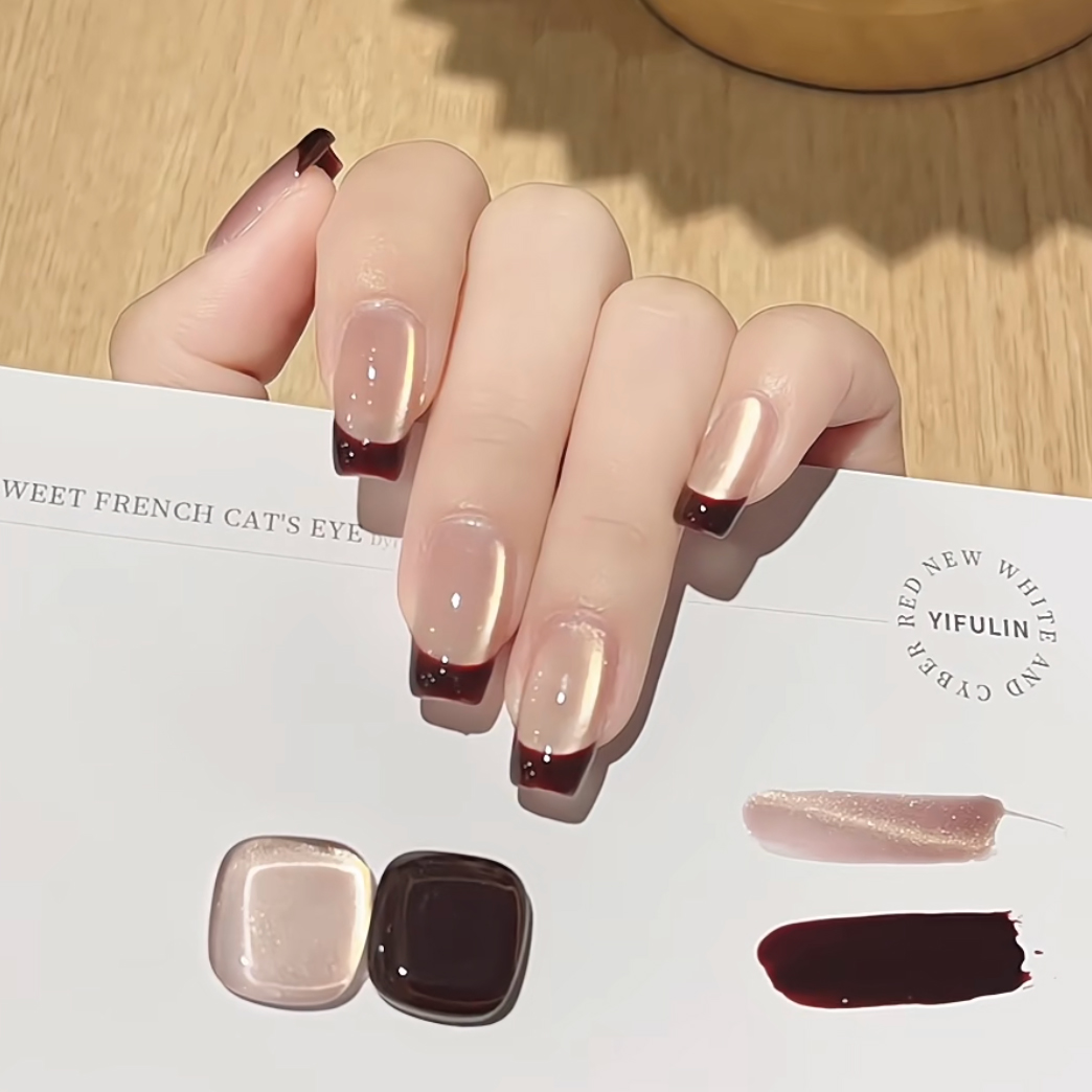 橘指大方穿戴甲中长红色猫眼手工