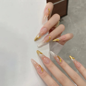 新款手工穿戴美甲长款金色招财麦芽闪钻假指甲可拆卸成品美甲贴片
