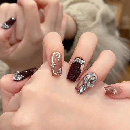 手工秋冬闪亮堆钻酒红色猫眼