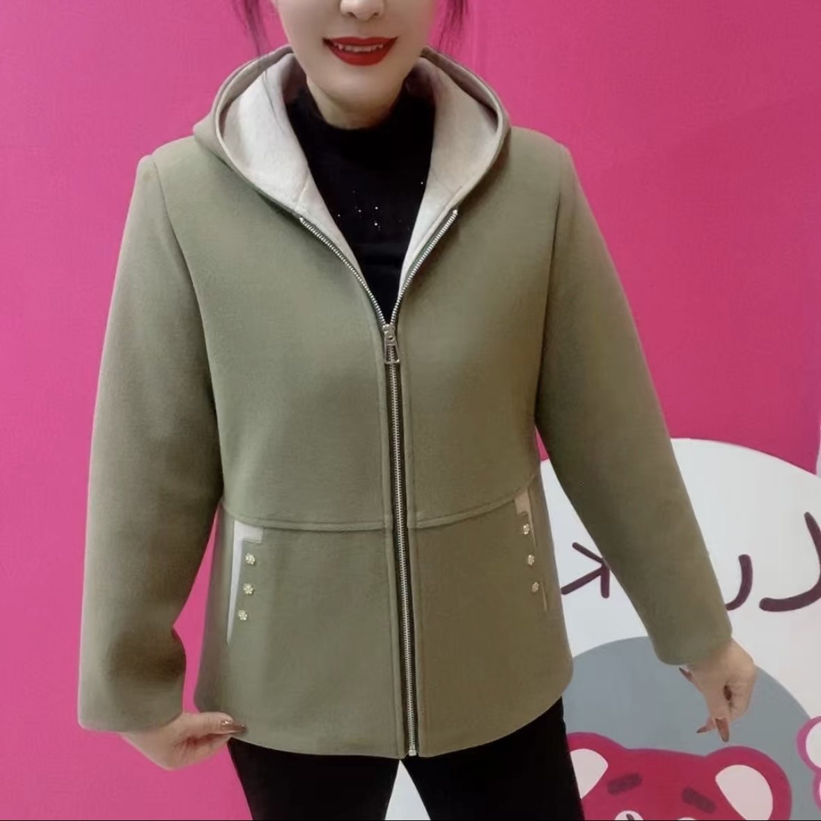 春秋新款连帽薄款毛呢外套女中老年妈妈宽松网红上衣洋气百搭大衣