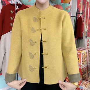 春秋双面绒呢子新中式立领短外套女妈妈盘扣刺绣黄色上衣国风女装