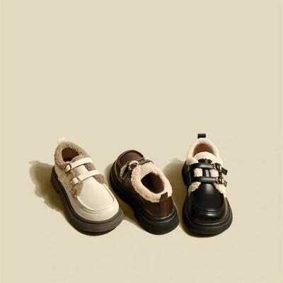 棕色小皮鞋女2024新款冬季女鞋加绒英伦风棉鞋子毛毛鞋乐福鞋女款