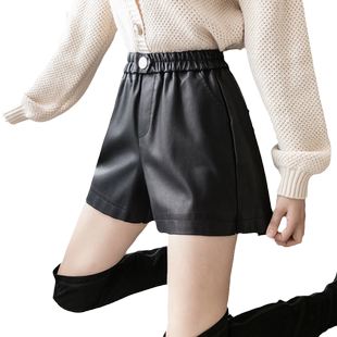 黑色皮短裤女秋冬外穿2025加厚新款宽松阔腿a字显瘦高腰打底靴裤