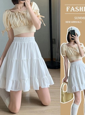 白色雪纺短裙女夏季2025新款高腰显瘦荷叶边伞裙a字百褶半身裙裤