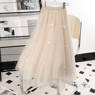 两面穿蝴蝶结不规则纱裙半身裙女秋冬2025新款网纱裙显瘦百褶裙子