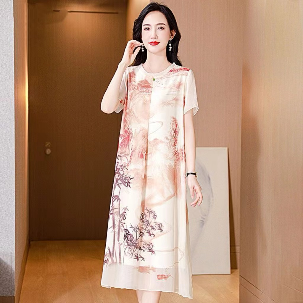 新中式妈妈夏季连衣裙2025新款中老年短袖水墨宽松大码圆领中