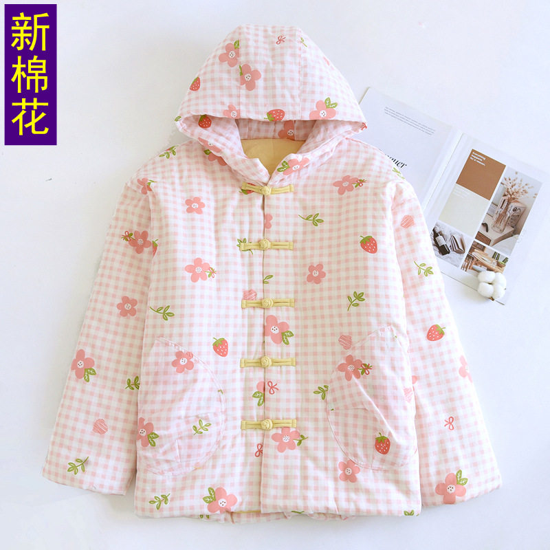 冬季女士连帽保暖棉花保暖服外出新中式国风棉衣盘扣棉服