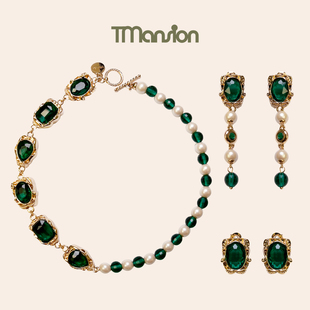 TM▲原创设计巴洛克复古祖母绿珍珠锁骨项链套装chocker项圈女