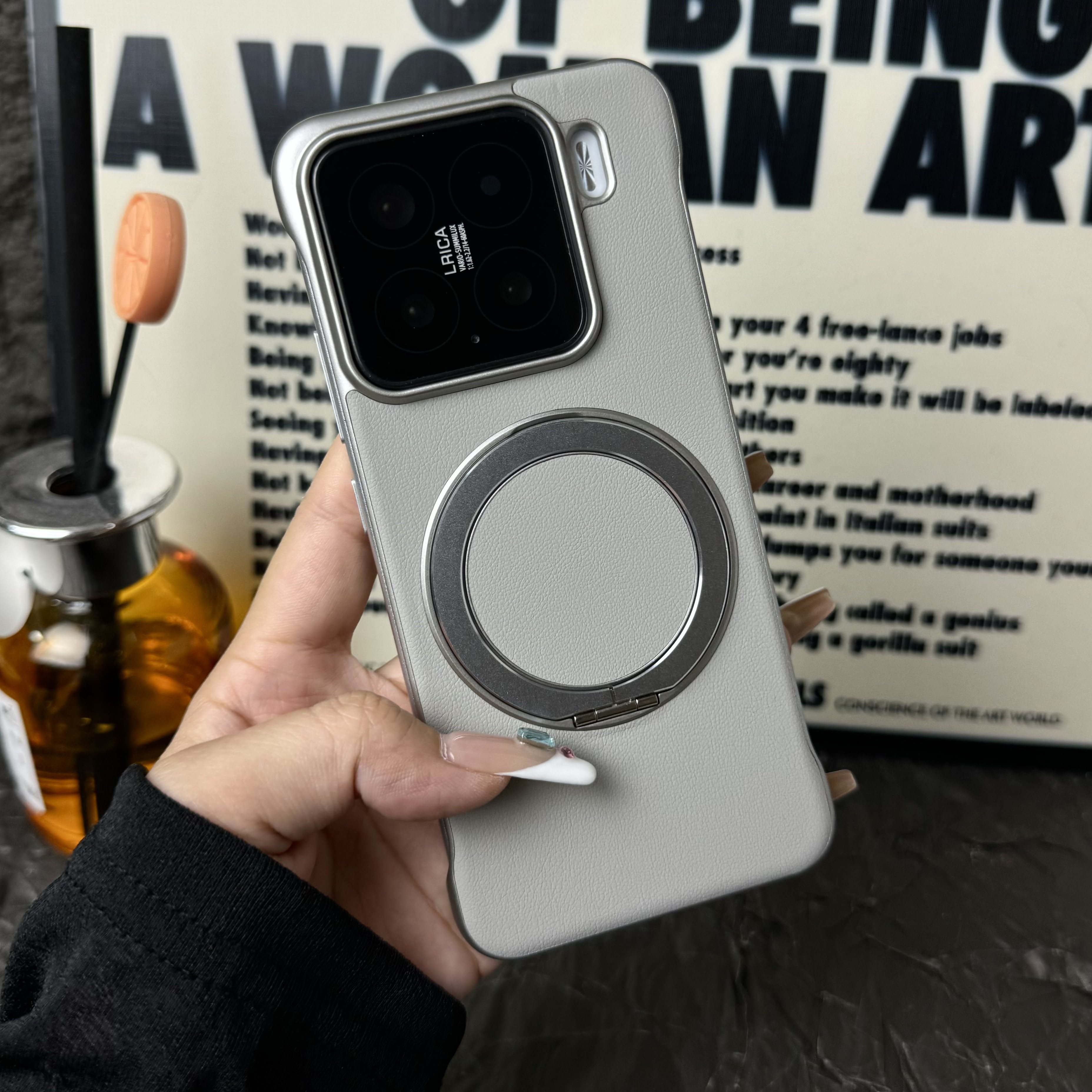 超薄无边框带支架适用小米15Pro素皮手机壳小米14Pro半包散热Xiaomi15半包男女小米14UItra皮纹保护套15u防摔