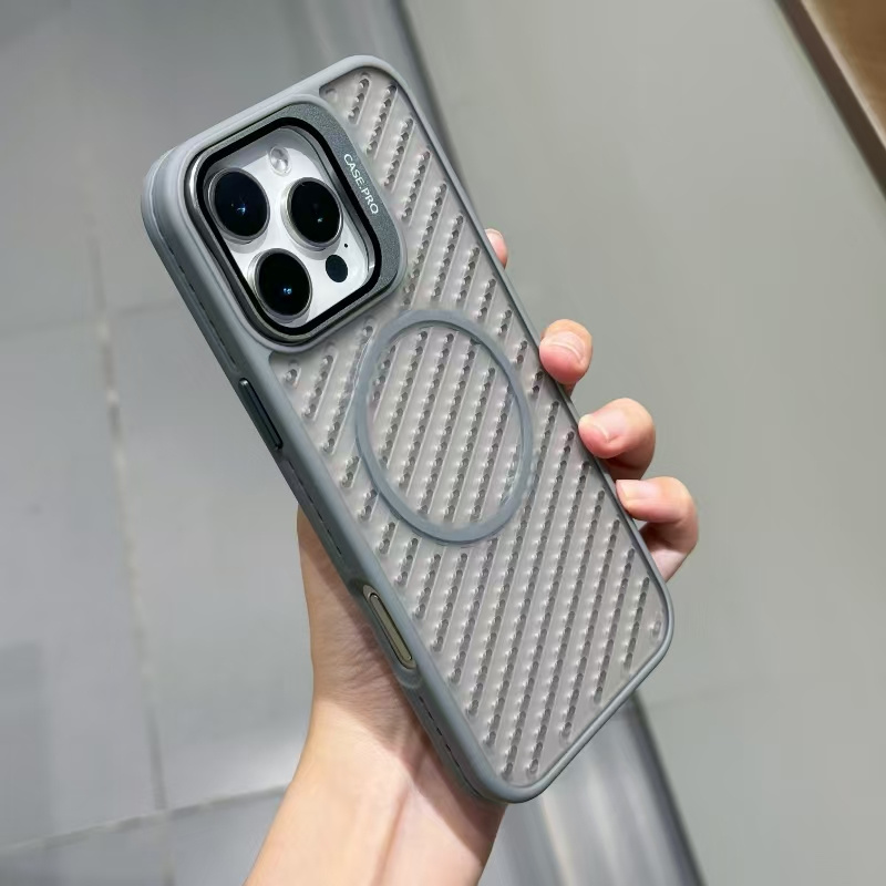 网孔透气散热适用于iPhone16promax镜头盖支架苹果15promax磁吸手机壳磨砂高级感14男女款13创意个性防摔