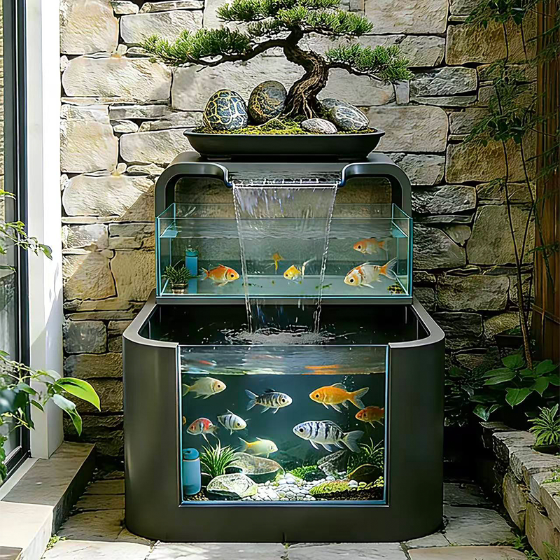 双耳池阳台不锈钢鱼池花箱金属流水摆件室外露台庭院水景瀑布