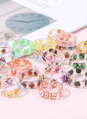 少女ins网红简约~日韩流行压克力树脂圆方形彩色水果百搭戒指戒环