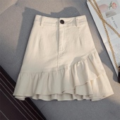 2025春夏新款 半身裙白色牛仔不规则荷叶边a字裙高腰短裙女防走光