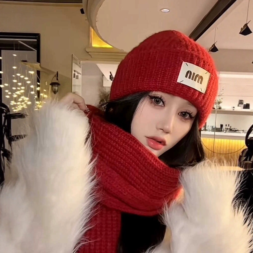 明星同款红色毛线针织帽子女秋冬季新款显脸小大头围护耳冷帽子男
