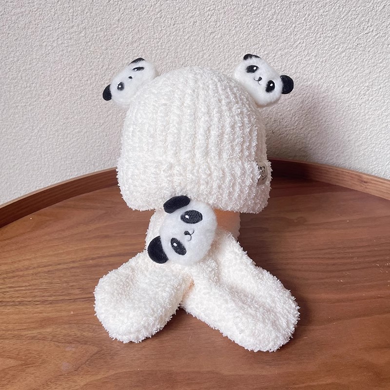 立体熊猫婴儿帽子围巾一体两件套