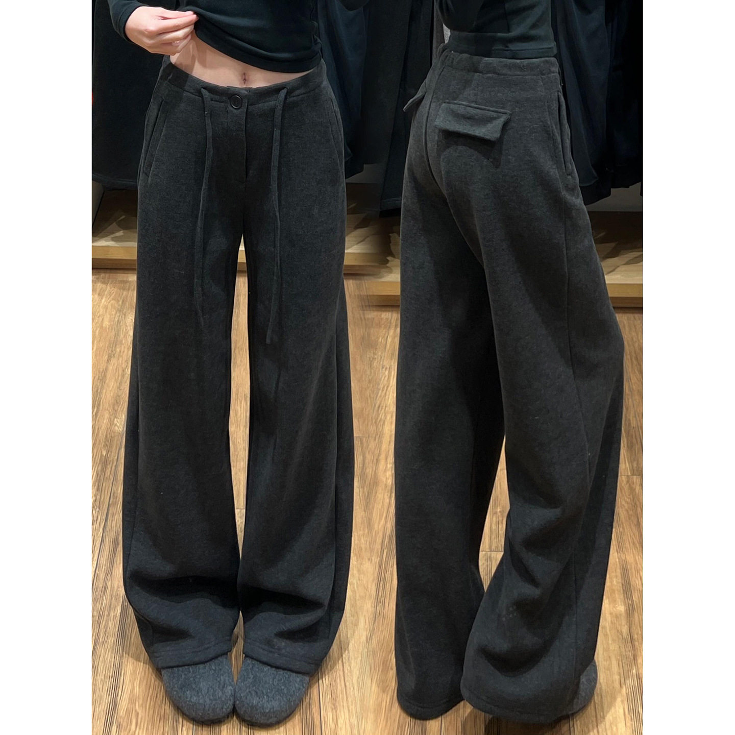 黑色加绒糯米裤女秋冬高腰宽松慵懒风垂感阔腿裤休闲直筒西装卫裤,女装/女士精品,休闲裤,淘宝优惠券,粉丝福利购,淘宝优惠卷