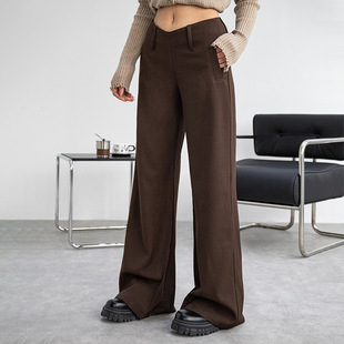 薄款 夏季 垂坠感复古美式 休闲西装 子 萝卜大叔棕色喇叭裤 裤 女低腰裤