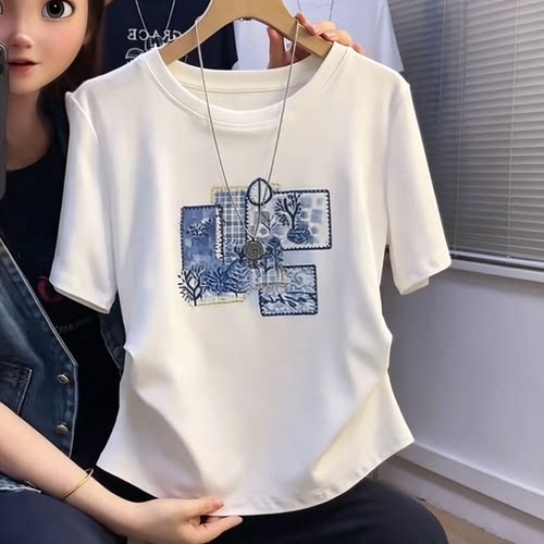 潮牌刺绣褶皱显瘦上衣女
