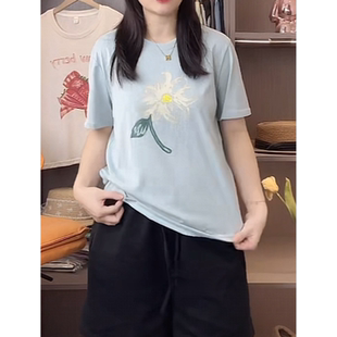 正肩圆领短袖 无感印花雪花亚麻百搭减龄上衣女 t恤女20259夏季 新款