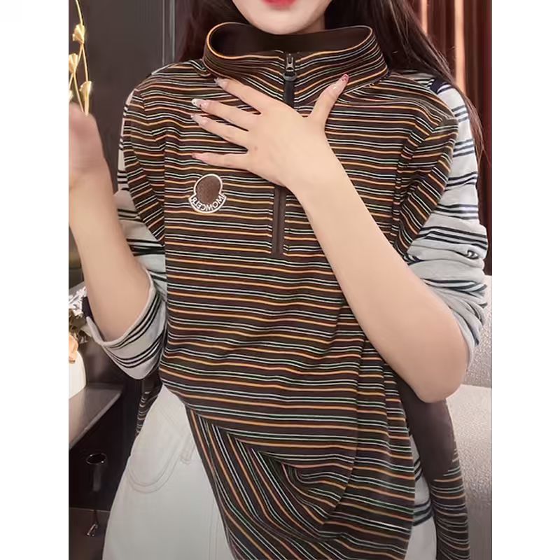 小众设计感立领条纹长袖t恤女