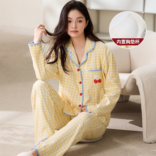 韩系松弛感100%纯棉睡衣女油画格纹印花翻领可外穿家居服套装