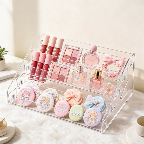 桌面透明化妆品阶梯收纳架吧唧彩妆展示架眼影盘香水发夹置物展架