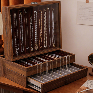 花梨木纹防尘带盖珍珠手链项链收纳盒长条锁骨链项链家用首饰盒